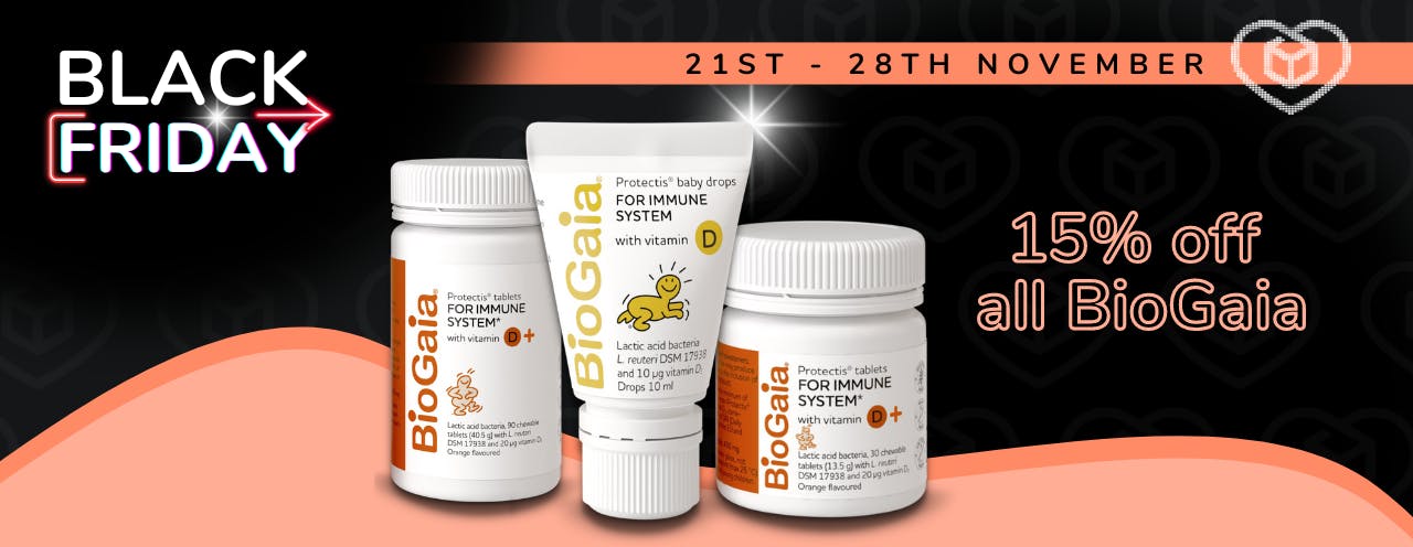 BioGaia probiotic baby drops and tablets for children on a black background